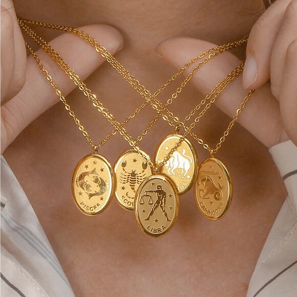 Taurus Zodiac Pendant Necklace 18K Gold Plated Stainless Steel Astrology - Picture 5 of 7